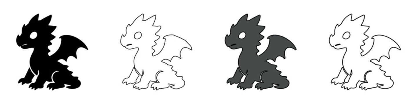 Set of four cute baby dragon icons in black, white, and gray silhouettes