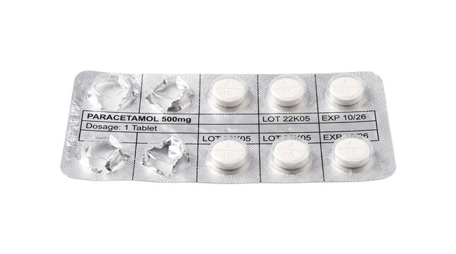 A blister pack of white paracetamol 500mg tablets with some pills removed isolated on a clean white background for medical use