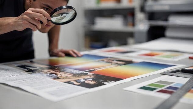 Medium shot of creative professional using a magnifier to inspect fine print details and color consistency on a magazine advertisement proof with background blurred.