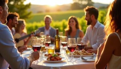 Fototapeta premium Friends enjoy wine tasting outdoors at sunset with acoustic guitar music. People share food drinks, laugh and talk during social gathering in vineyard.