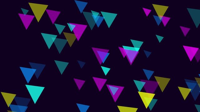 Abstract motion animation 4k background, with floating colorful, triangles on dark, backdrop geometric