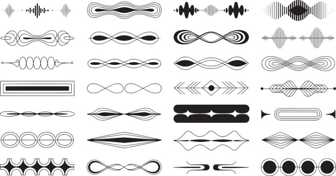 Abstract Audio Soundwaves and Music Equalizer Seamless Pattern Dividers Pack, Minimalist Sound Frequency Waveforms, Digital Voice Signal Pulse, Geometric Line Art Borders, and Creative Horizon Page Br