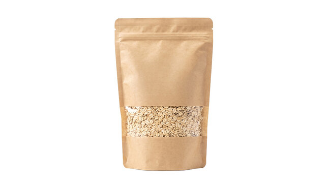 Kraft Paper Pouch Bag Filled With Rolled Oats Showing Through a Clear Window