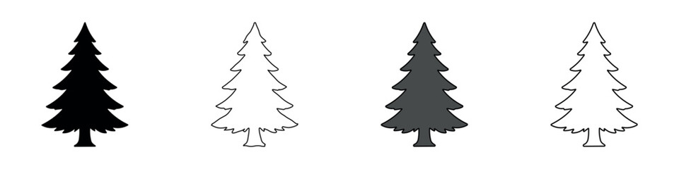 Obraz premium Set of four stylized evergreen tree icons in black, white, and gray