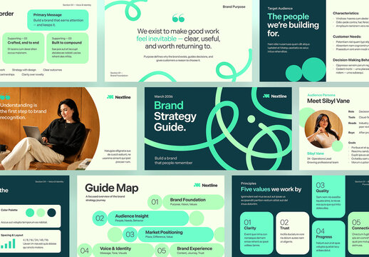 Brand Strategy Guide Presentation Template, Brand Voice Guide & Editorial Content Style Guide Layout