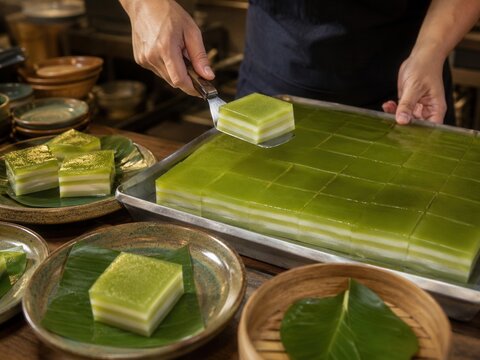 Khanom Chan, der klassische thail&auml;ndische Schichtkuchen, wird frisch portioniert und auf Bananenbl&auml;ttern serviert. Detailreiche Foodaufnahme einer traditionellen Dessertzubereitung.