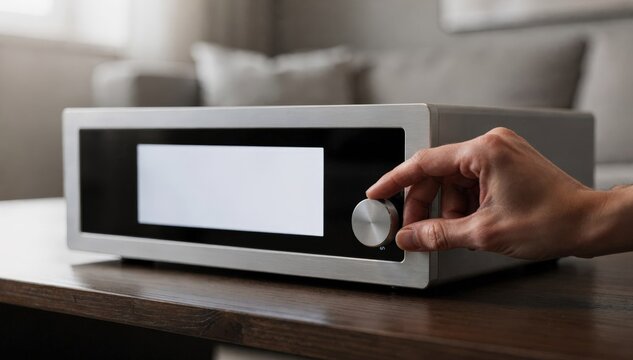 Focused medium shot of a networked audio streamers display screen with lossless playback info the users hand adjusting controls with background softly faded.