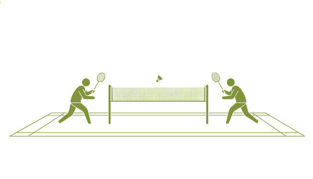 Two players stand on opposite sides of a badminton court ready to hit the shuttlecock over the net during an active game of competitive badminton.