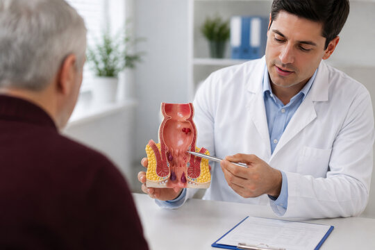 Doctor Explaining Hemorrhoids and Rectal Health to Senior Patient