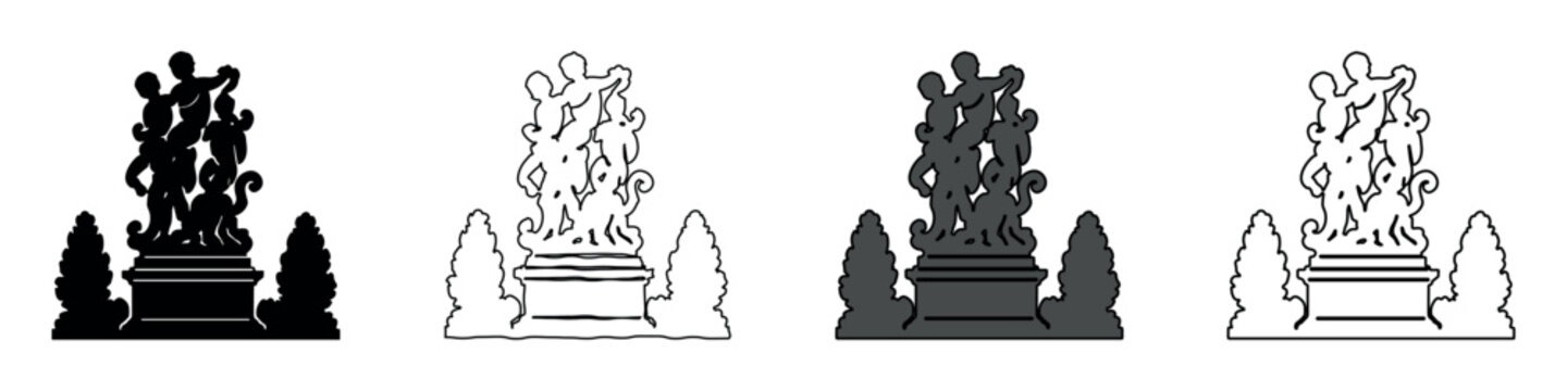 Classical sculpture of cherubs on a pedestal with topiaries in a simple line art style