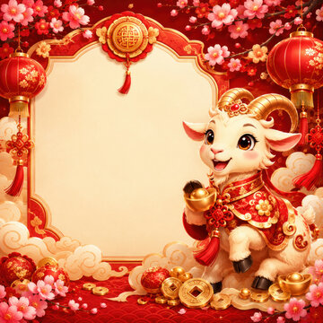 Cute Chinese New Year 2027 Goat Greeting Card with Blank Copy Space