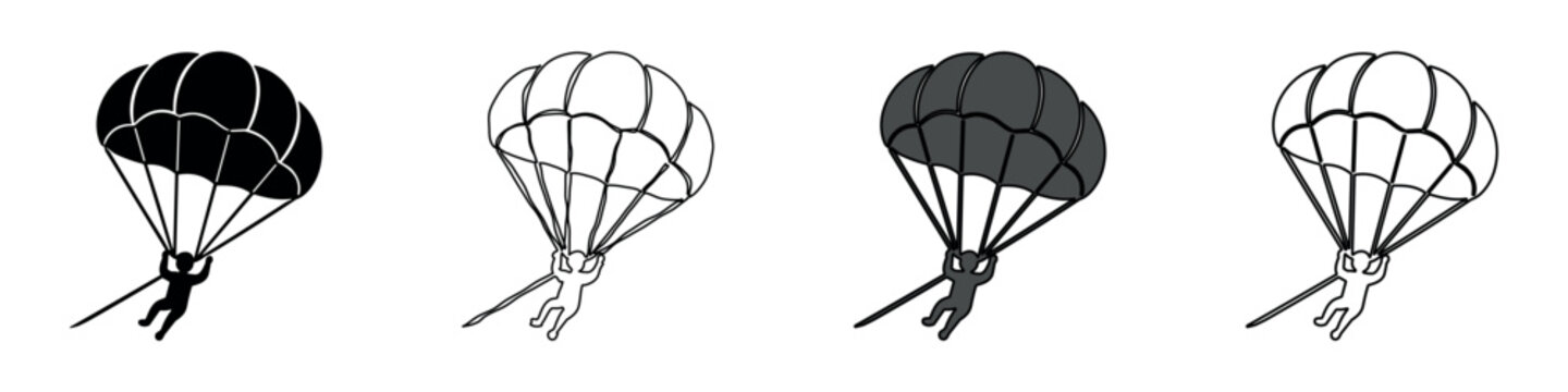 Set of four parachute jump icons in different styles and colors