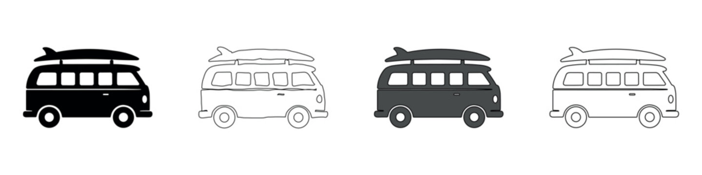 Iconic vintage camper van with surfboard on roof, symbolizing freedom and adventure