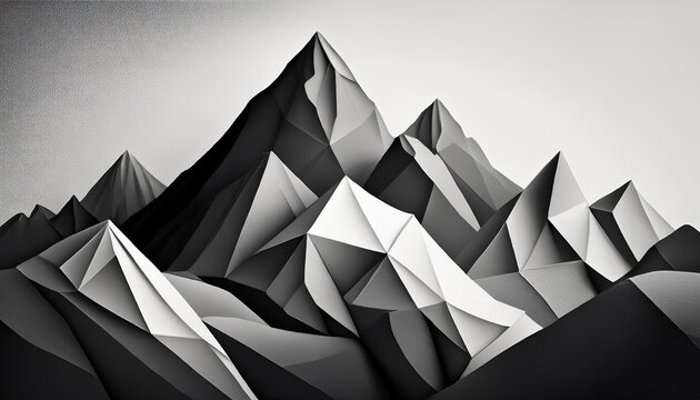 monochrome low poly faceted mountain ridge with paper like folded surfaces and grainy texture a minimalist serene abstract landscape in grayscale