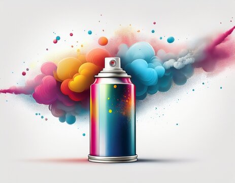 spray can with aerosol cloud isolated on white background