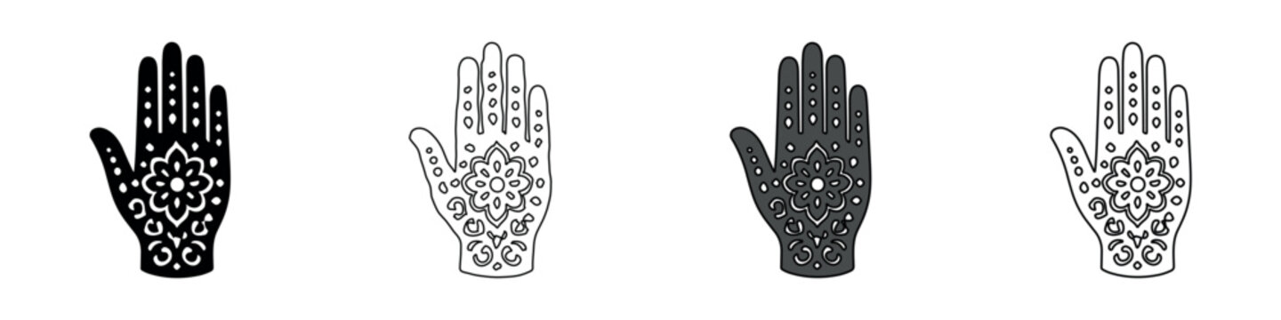 Collection of stylized hand icons with intricate floral henna patterns