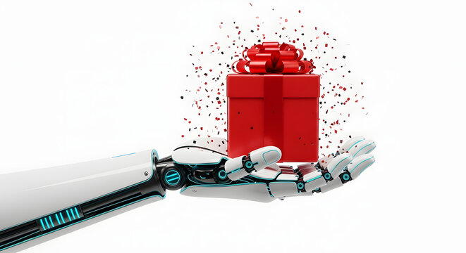 Robot hand holding red gift box with ribbon against plain white background