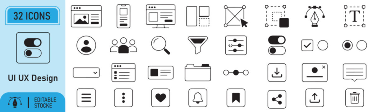 32 UI UX Design Line Icons, Wireframe and User Interface Vector Set