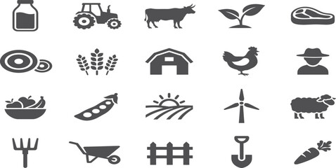 Obraz premium Set of farming and agricultural icons featuring livestock, crops, and rural equipment for design