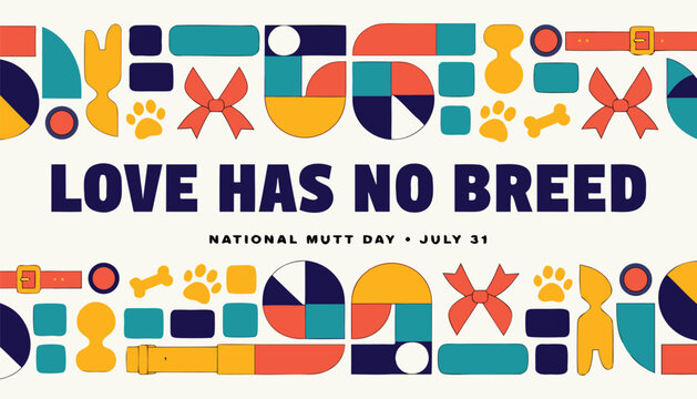 Colorful geometric pattern design celebrating national mutt day with bold text