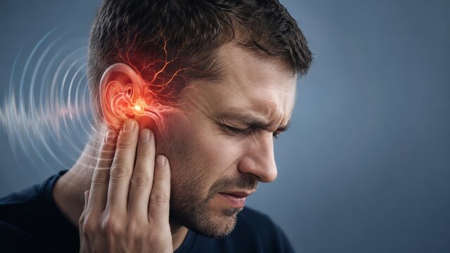 A man experiencing severe ear pain; visualization of reddened, inflamed nerves and sound waves. Concept of tinnitus or ear infection. Against a gray background.