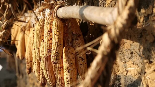 Harvested dry corn cobs hanging on a bamboo pole against a mud wall.