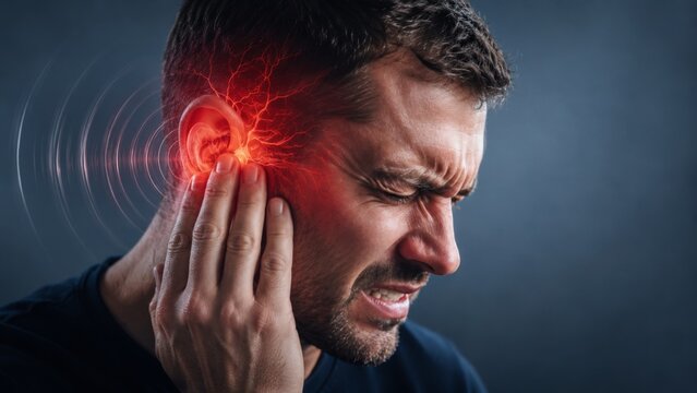 A man experiencing severe ear pain; visualization of reddened, inflamed nerves and sound waves. Concept of tinnitus or ear infection. Against a gray background.