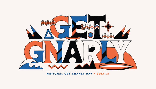 Colorful get gnarly typography design with surf and skate icons