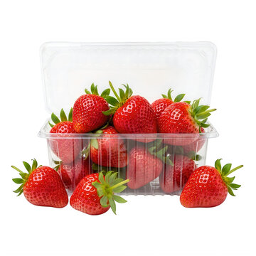 Fresh red strawberries in a clear plastic container isolated on transparent background