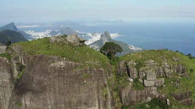 Drone reveal of Pedra da G&aacute;vea and Rio de Janeiro coastline, Brazil