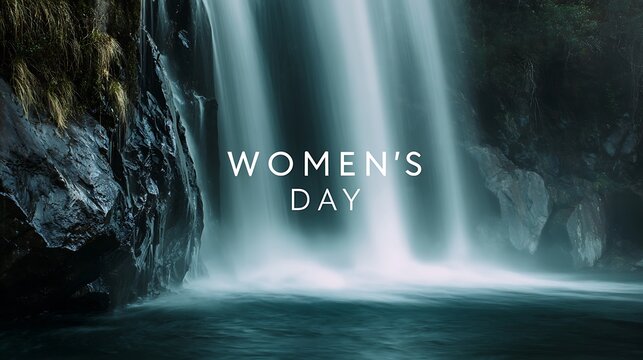 Womens Day text overlay on a serene waterfall symbolizing strength and natural beauty perfect for celebratory or inspirational themes