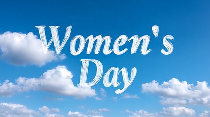 Fototapeta premium Womens Day text on a bright blue sky with fluffy clouds celebrating international womens day with a message of empowerment and equality