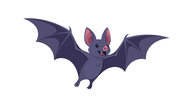 Cute cartoon bat character flying with wide wings and a smiling face for halloween decorations and children book stories.