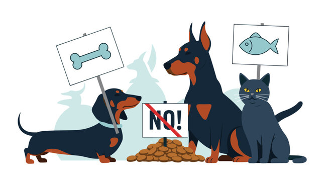 Group of dogs and a cat holding protest signs against dry pet food in favor of bones and fish treats for pets.