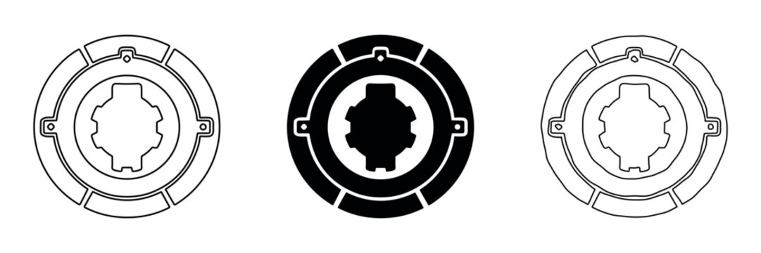 Set of three circular icons with gear-like center and outer notches