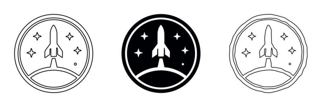 Space rocket launch icon with stars and planet in a circular emblem