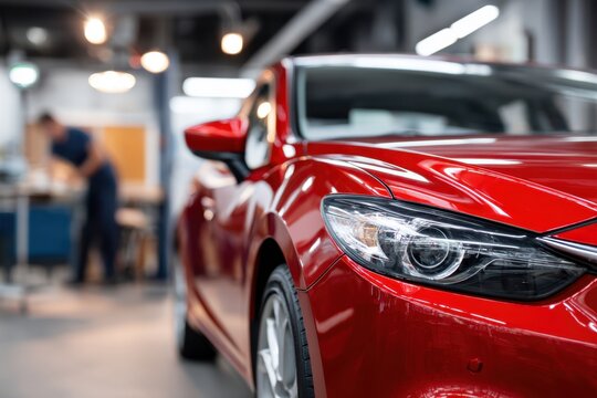 Shiny red modern sedan in a bright and spacious garage with a mechanic working in the blurred background for vehicle repair and maintenance services