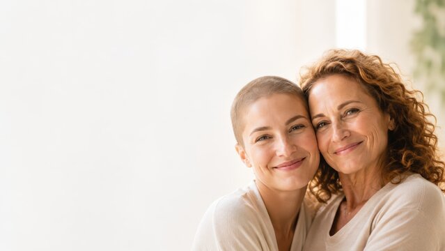 Cheerful adult bald woman embracing her smiling senior mother, offering support and warmth in a tender family moment. Cancer treatment with chemotherapy
