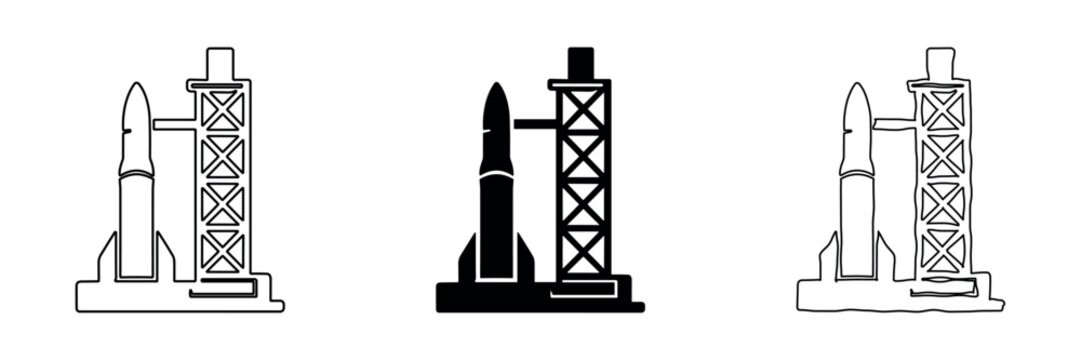 Rocket launchpad icons in outline and solid black styles for space exploration