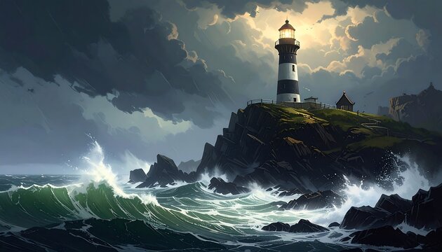 A coastal landscape features a lighthouse atop a rocky cliff. Dramatic clouds and crashing waves fill the scene under a sunny sky