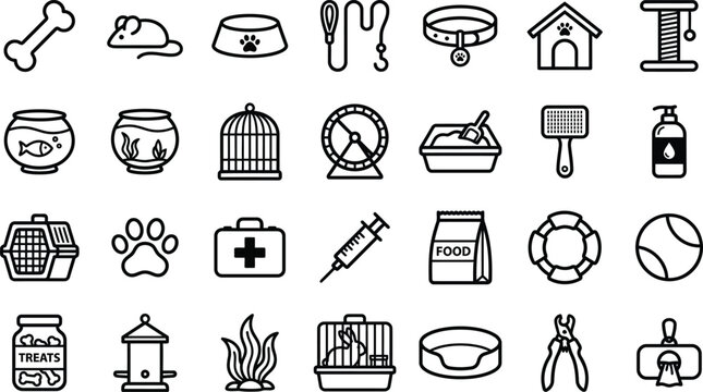 Pet care and animal supplies icons set with veterinary, grooming