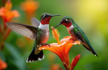 Fototapeta premium Two hummingbirds feed on nectar from a vibrant orange flower. One bird hovers with wings spread while another perches on the bloom. Lush green foliage forms a soft background.