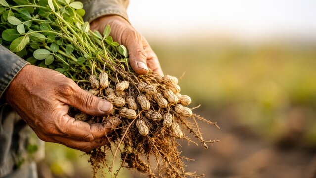 A farmer's hands holding freshly harvested peanuts with roots and green foliage, showing the bounty of the harvest and sustainable farming practices