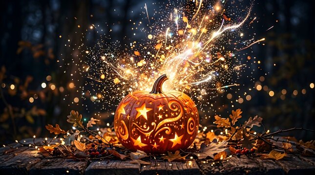 Jack-o-lantern exploding with fireworks in dark autumn night