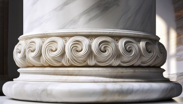 thick solid base of a classic greek marble column with detailed carved circular rings resting flat pristine white marble material soft diffused lighting creating gentle shadows