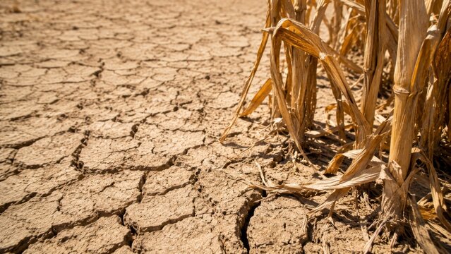 Close-up of ripe corn cobs in a dry field, illustrating agricultural challenges and the impact of drought on crops