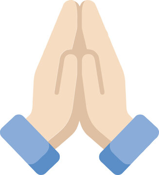 Praying hands emoji vector illustration, flat design folded hands icon for gratitude and prayer, religious namaste gesture with blue sleeves