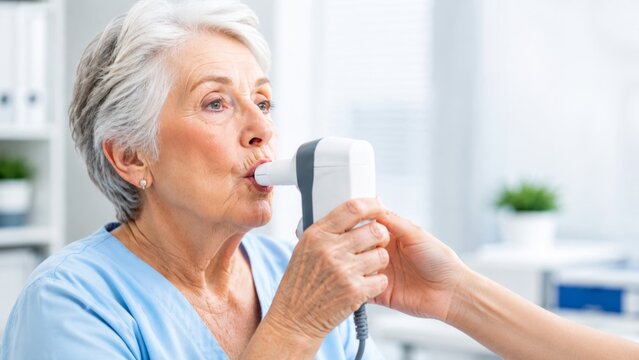 An elderly woman with a short grey haircut undergoes spirometry using a medical device to assess lung function at a medical facility.