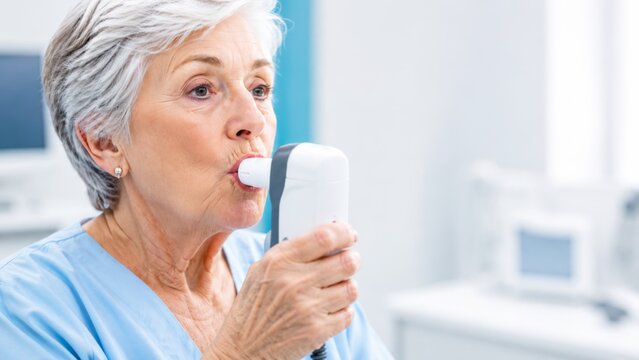An elderly woman with a short grey haircut undergoes spirometry using a medical device to assess lung function at a medical facility.