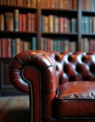 Obraz premium Close-up of a vintage brown leather couch armrest with brass studs. Bookshelves filled with old books are in soft background light. Cozy reading nook.